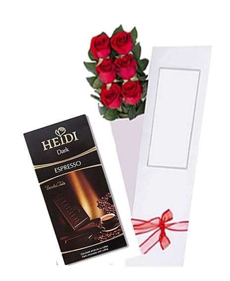 Caja de 06 Rosas ms Tableta de Chocolate Heidi Dark 80 Grs