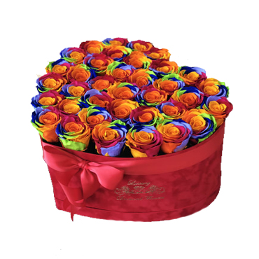 Caja Corazón con 25 Rosas Arcoíris