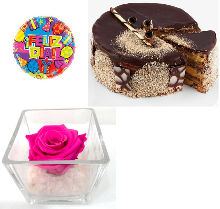 Torta Panqueque del Da, Rosa Preservada en cubo y Globito